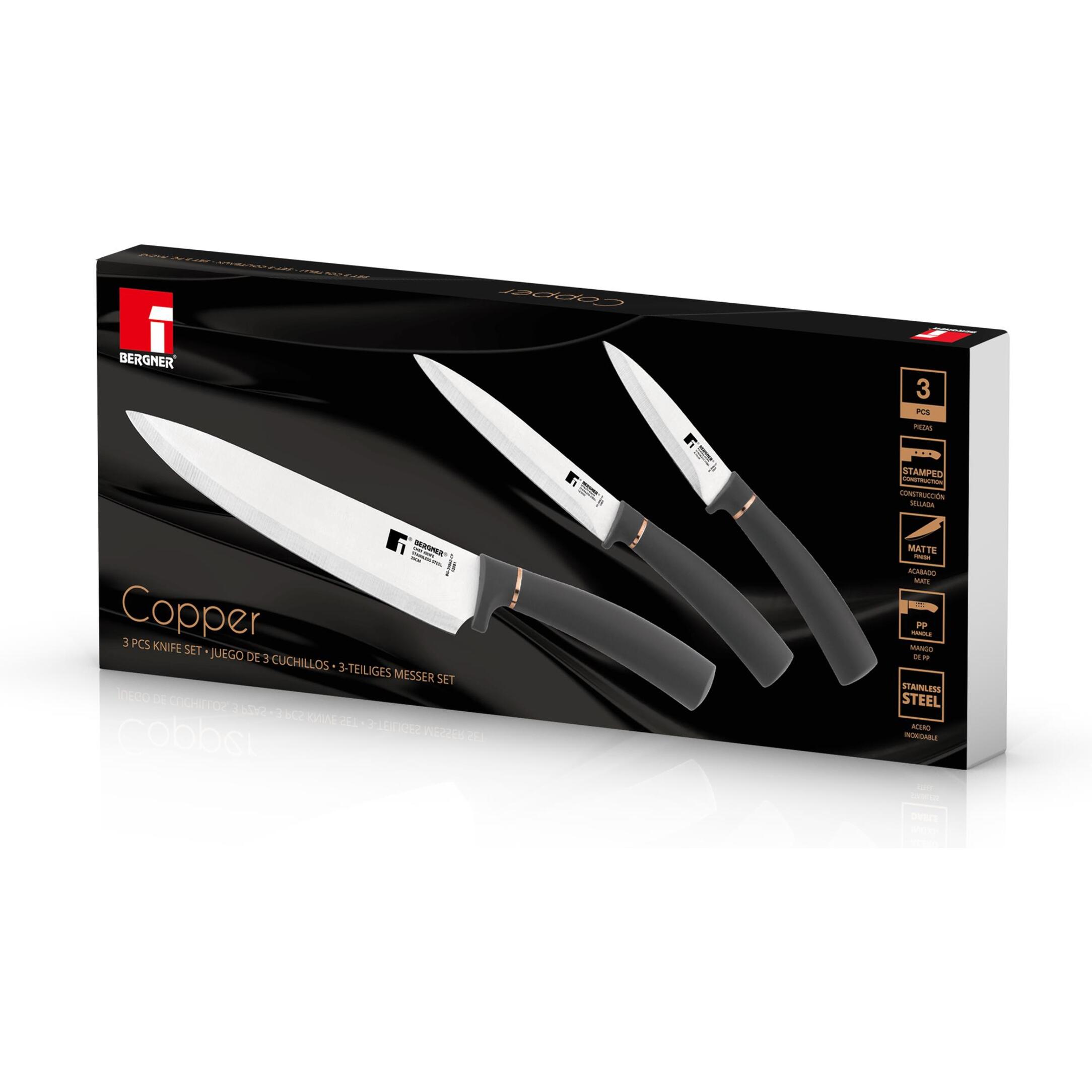 set de 3 cuchillos: chef 20cm + multiusos 12,5cm + pelador 8,75cm - en acero inoxidable de color negro y cobre