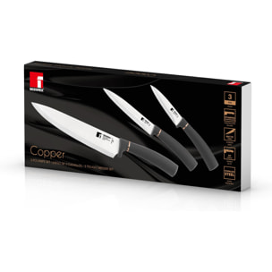 set de 3 cuchillos: chef 20cm + multiusos 12,5cm + pelador 8,75cm - en acero inoxidable de color negro y cobre