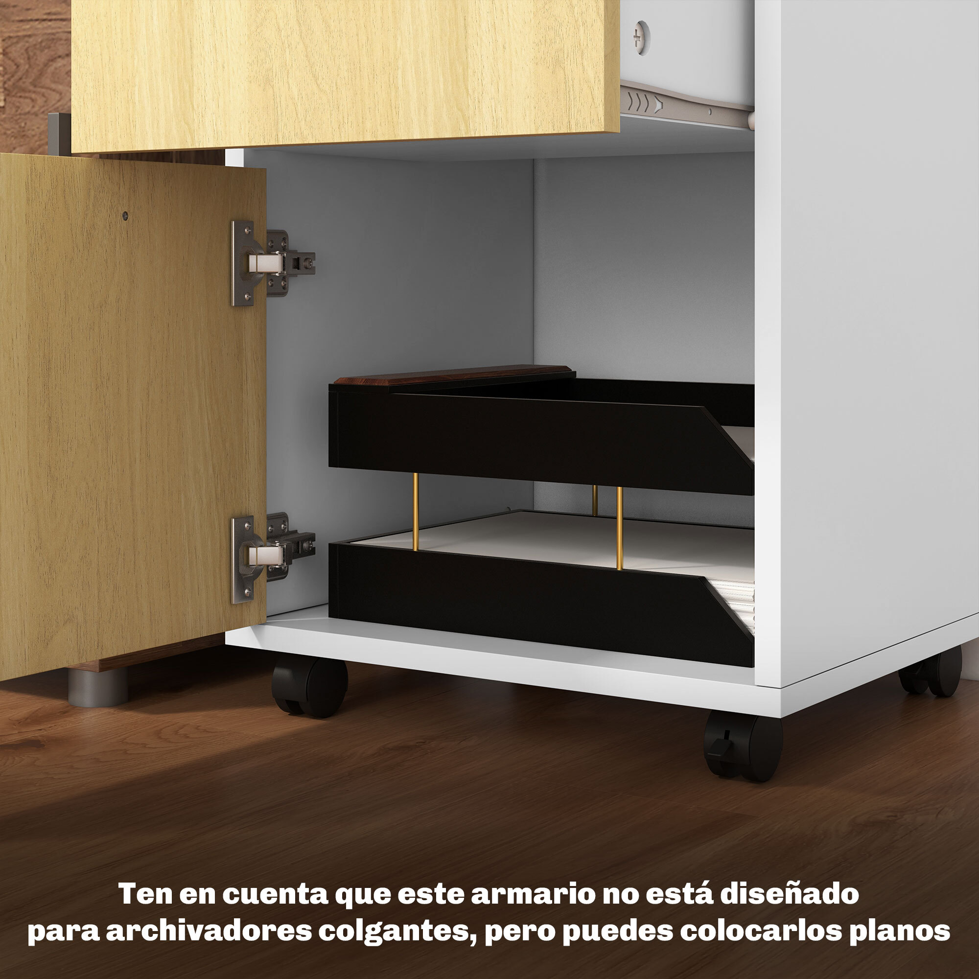 Cajonera de Oficina Móvil con Cajón y Gabinete Mueble Archivador con Ruedas Soporte de Impresora para Estudio 40x35x60 cm Natural y Blanco