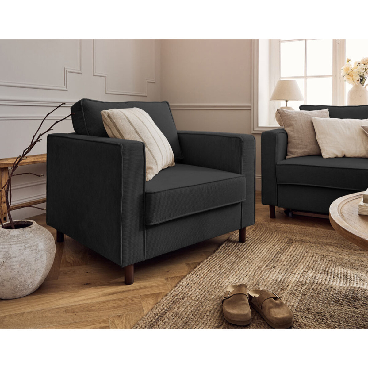 Jake - fauteuil en velours côtelé - pieds bois foncé - Gris foncé