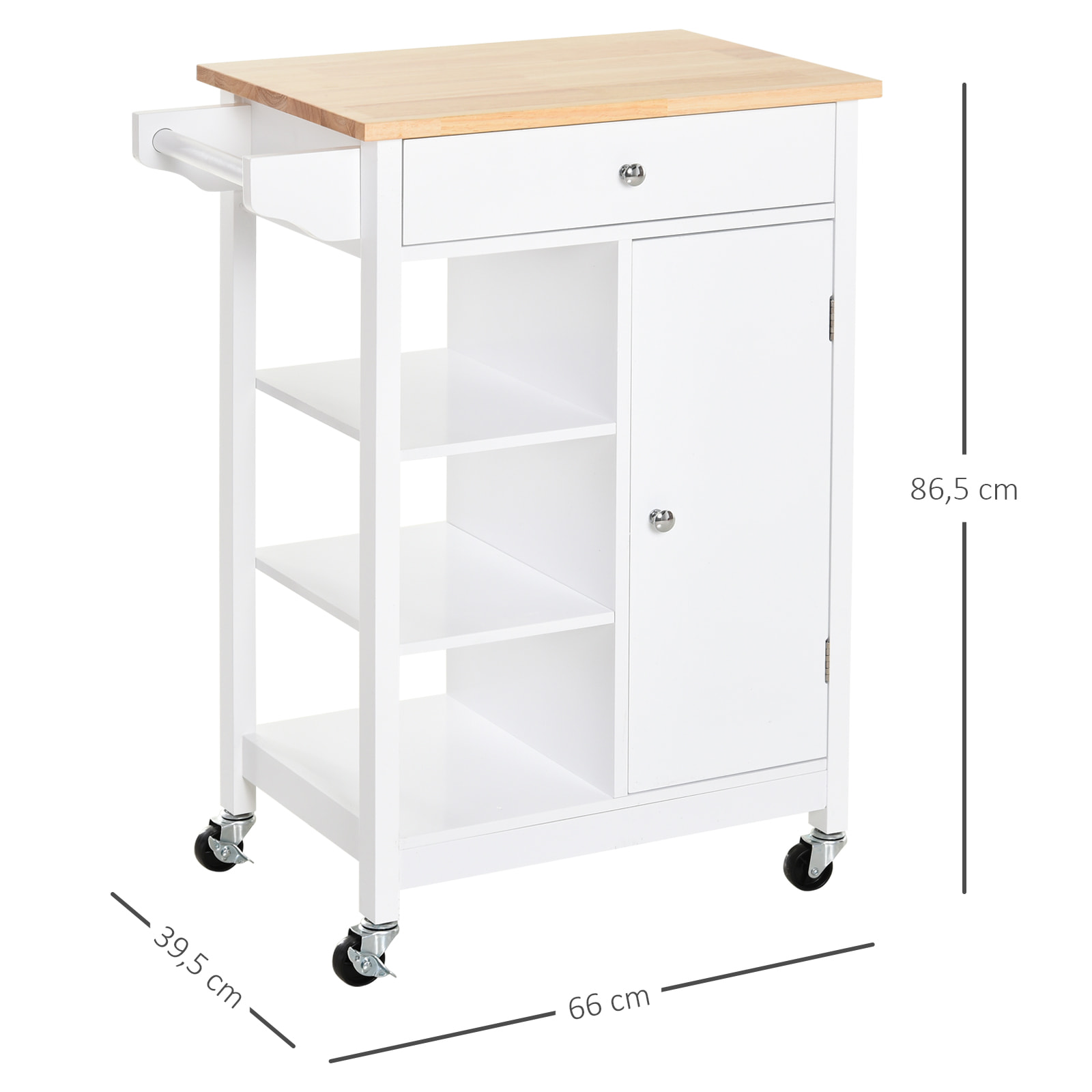 Carrito de Cocina con Cajón de Madera 66x39,5x86,5cm Blanco