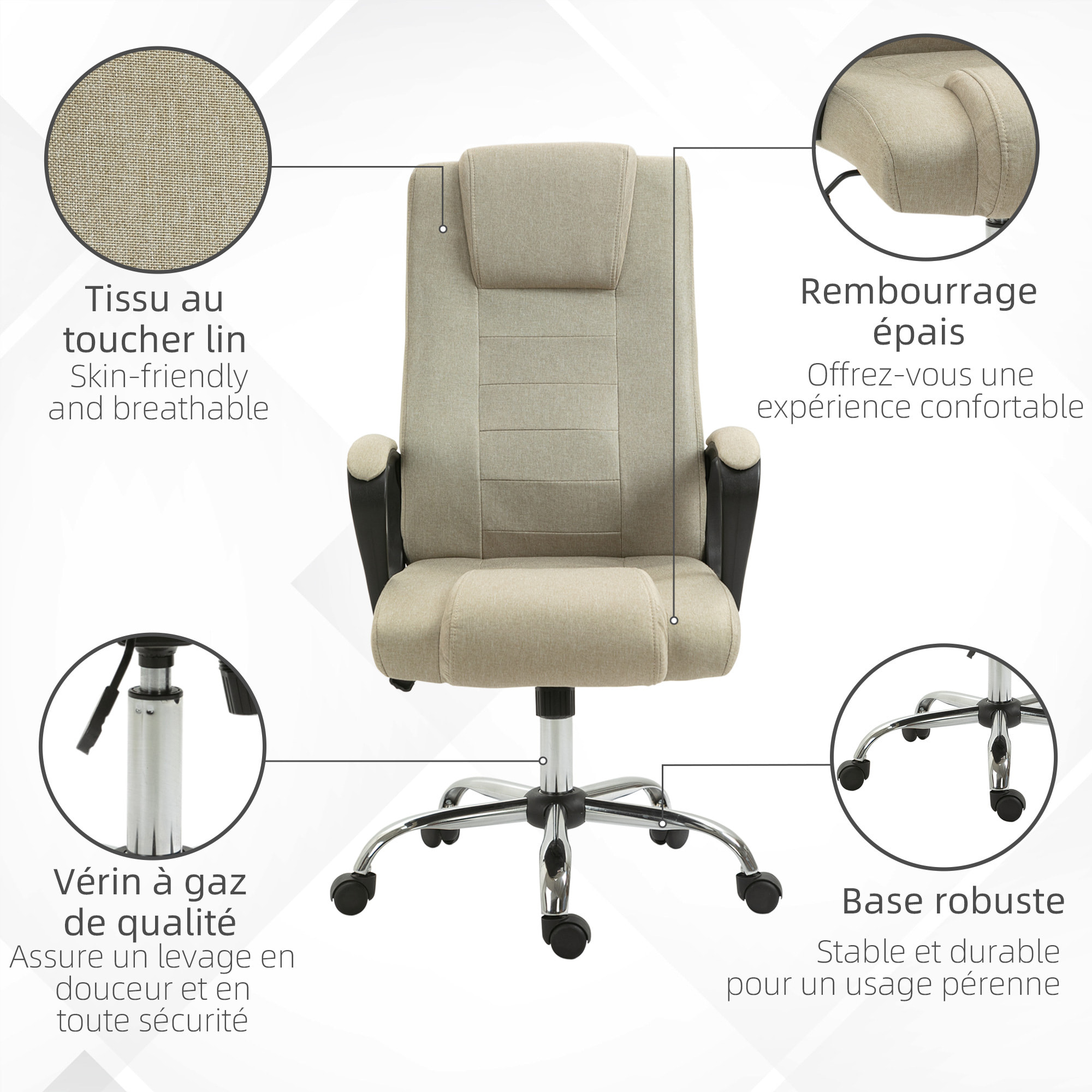 Fauteuil de bureau à roulettes chaise manager ergonomique pivotante hauteur réglable lin beige