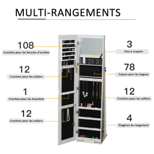 HOMCOM Armoire à bijoux avec miroir sur pied multi-rangements éclairage LED blanc dim. 38L x 38l x H157 cm