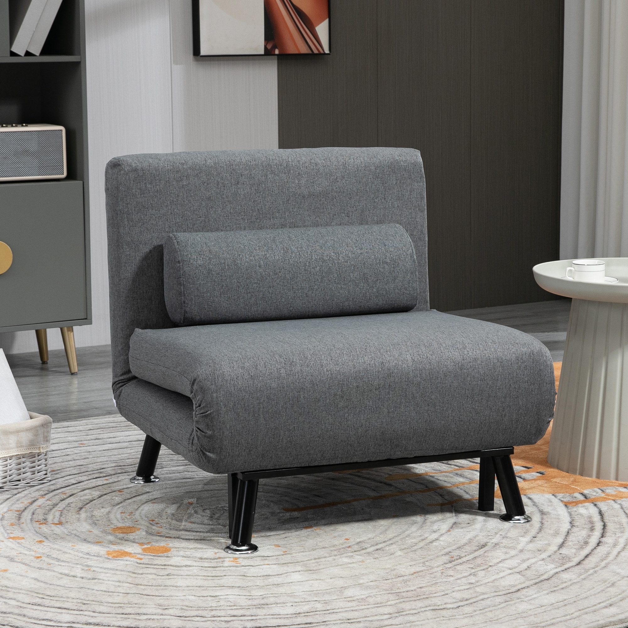 Sofá Cama de 1 Plaza 3 en 1 Sofá Cama Plegable Tapizado en Lino con Respaldo Ajustable de 5 Niveles y Almohada Acolchada para Oficina Dormitorio Salón 75x70x75 cm Gris Oscuro