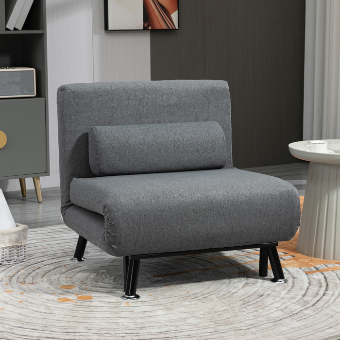 Sofá Cama de 1 Plaza 3 en 1 Sofá Cama Plegable Tapizado en Lino con Respaldo Ajustable de 5 Niveles y Almohada Acolchada para Oficina Dormitorio Salón 75x70x75 cm Gris Oscuro