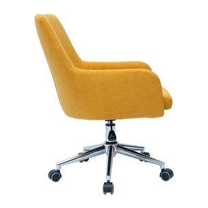 Chaise de bureau à roulettes en tissu effet velours jaune moutarde et acier chromé SHANA