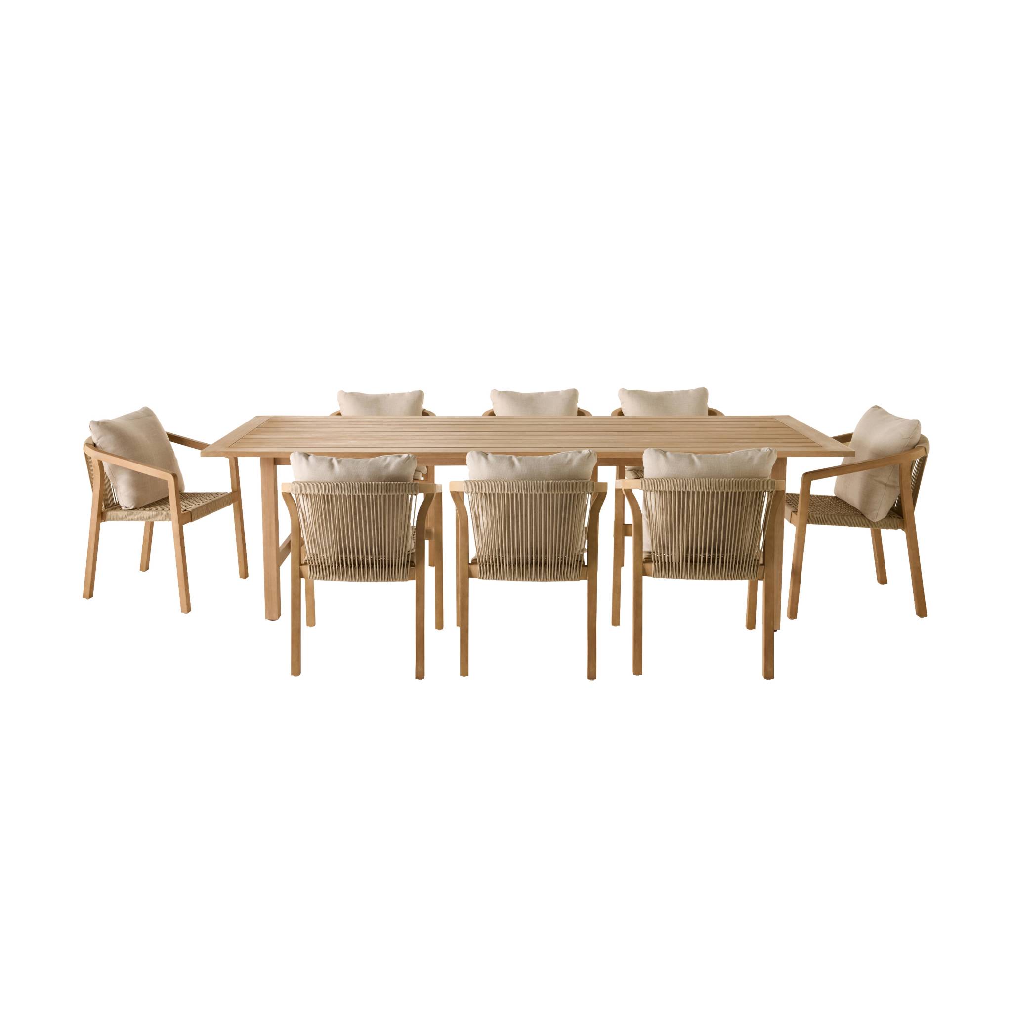 Table de jardin bois d'eucalyptus et cordes 8 fauteuils LORIA + CALAMA