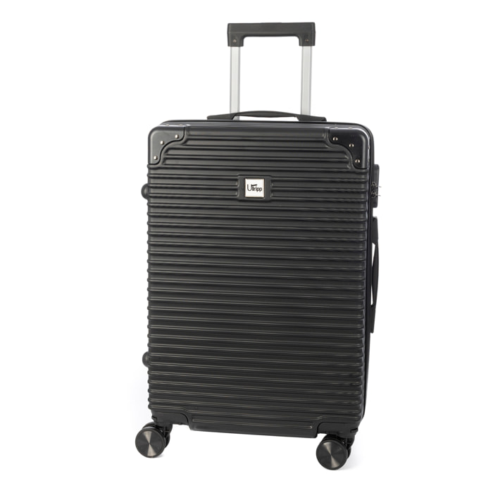 DAM Valigia da cabina Trolley in materiale leggero di ABS ad alta resistenza con angoli rinforzati. Serratura numerica e 4 ruote doppie estraibili e girevoli a 360°. 43x24x61 Cm. Colore: Nero