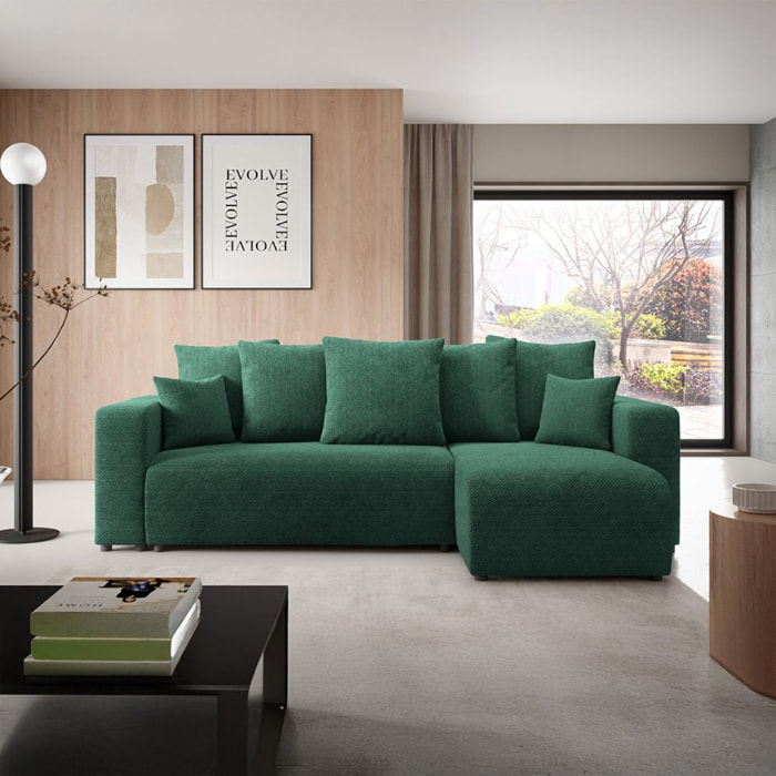 GLORIA - Canapé d'angle droit convertible 4 places en tissu vert