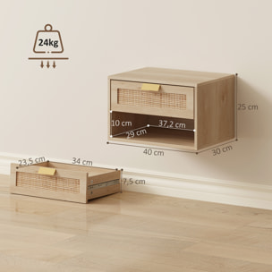 Juego de 2 Mesitas de Noche Flotantes, Mesillas de Noche Dormitorio con Cajón de Ratán, Estante Abierto, Ahorra Espacio, Diseño Nórdico, para Sala de Estar, 40x30x25 cm, Roble