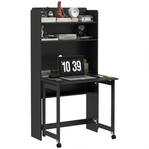 Bureau mural pliable table murale rabattable suspendue sur pied avec bibliothèque 3 étagères MDF noir