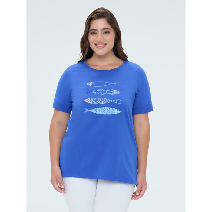 Fiorella Rubino - T-shirt in cotone con stampa e perline - Bluette