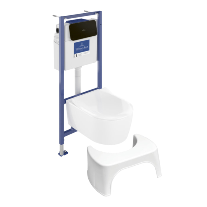 Pack WC suspendu sans bride Avento + Bâti support ViConnect Pro + abattant frein de chute + plaque noir mat  + Tabouret blanc
