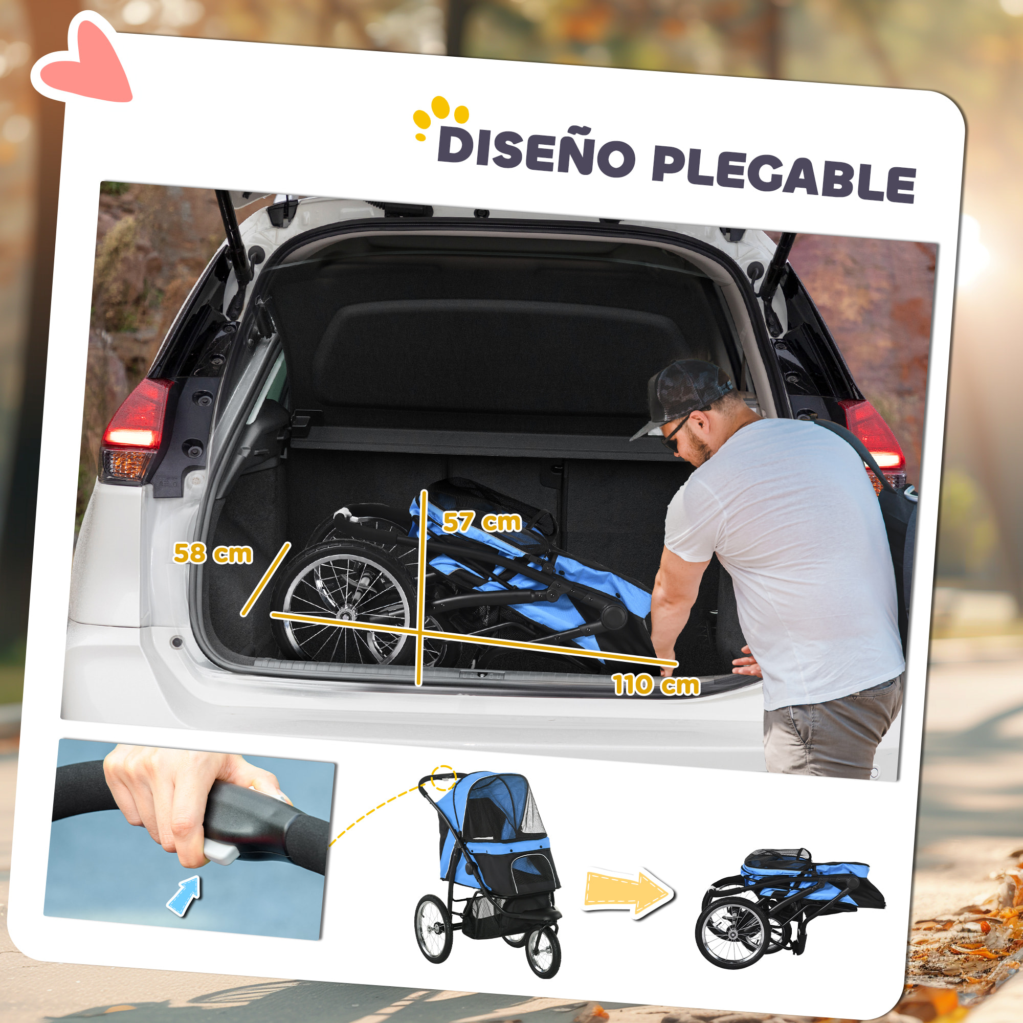 PawHut Carrito para Perros Plegable Cochecito para Mascotas Carrito para Perros Medianos Pequeños con Cesta de Almacenaje Capota Ajustable Ventana de Malla y 3 Ruedas Grandes 111x58x107 cm Azul