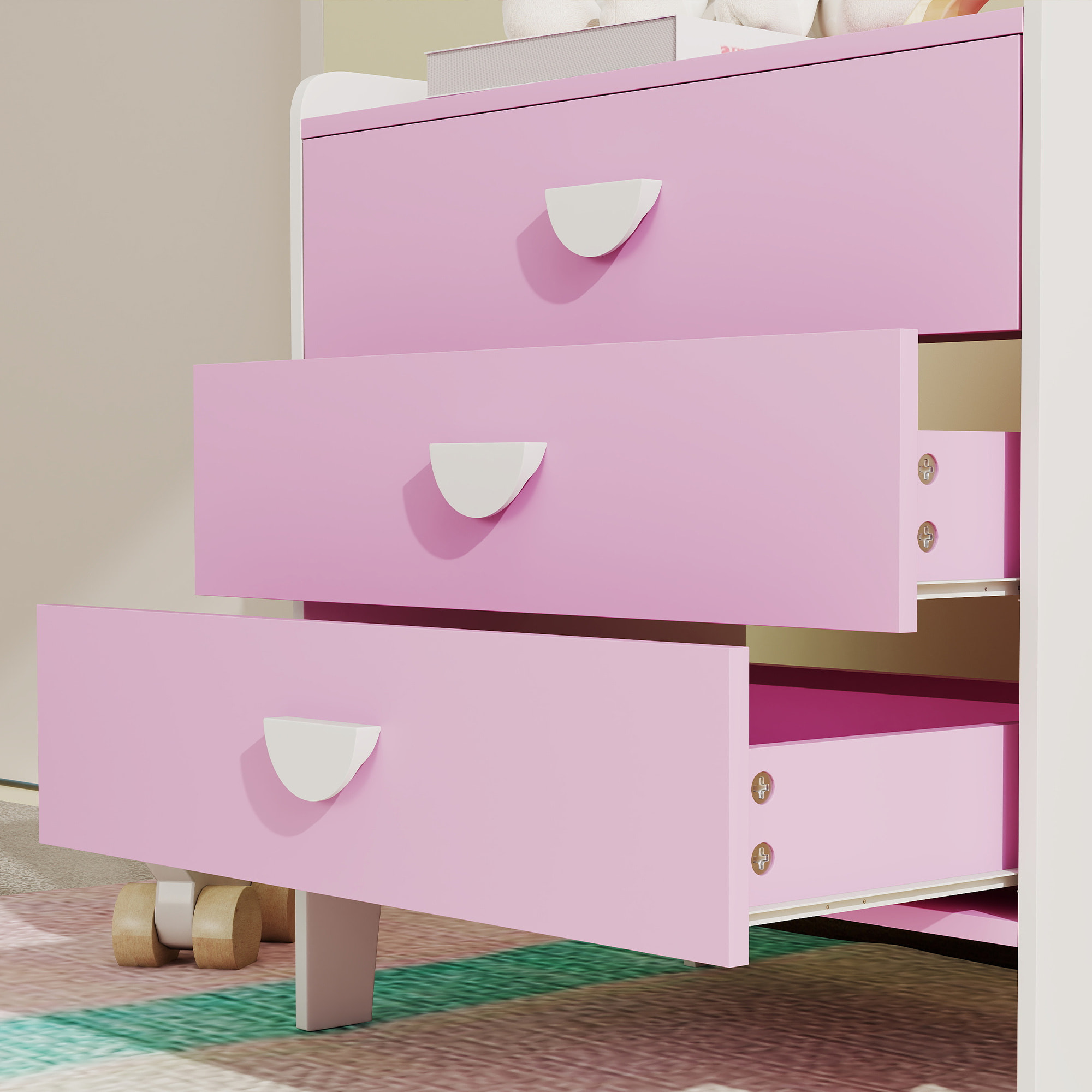 Commode 3 tiroirs pour enfant - commode design girly sur pieds bicolore blanc rose - 60 x 40 x 60 cm