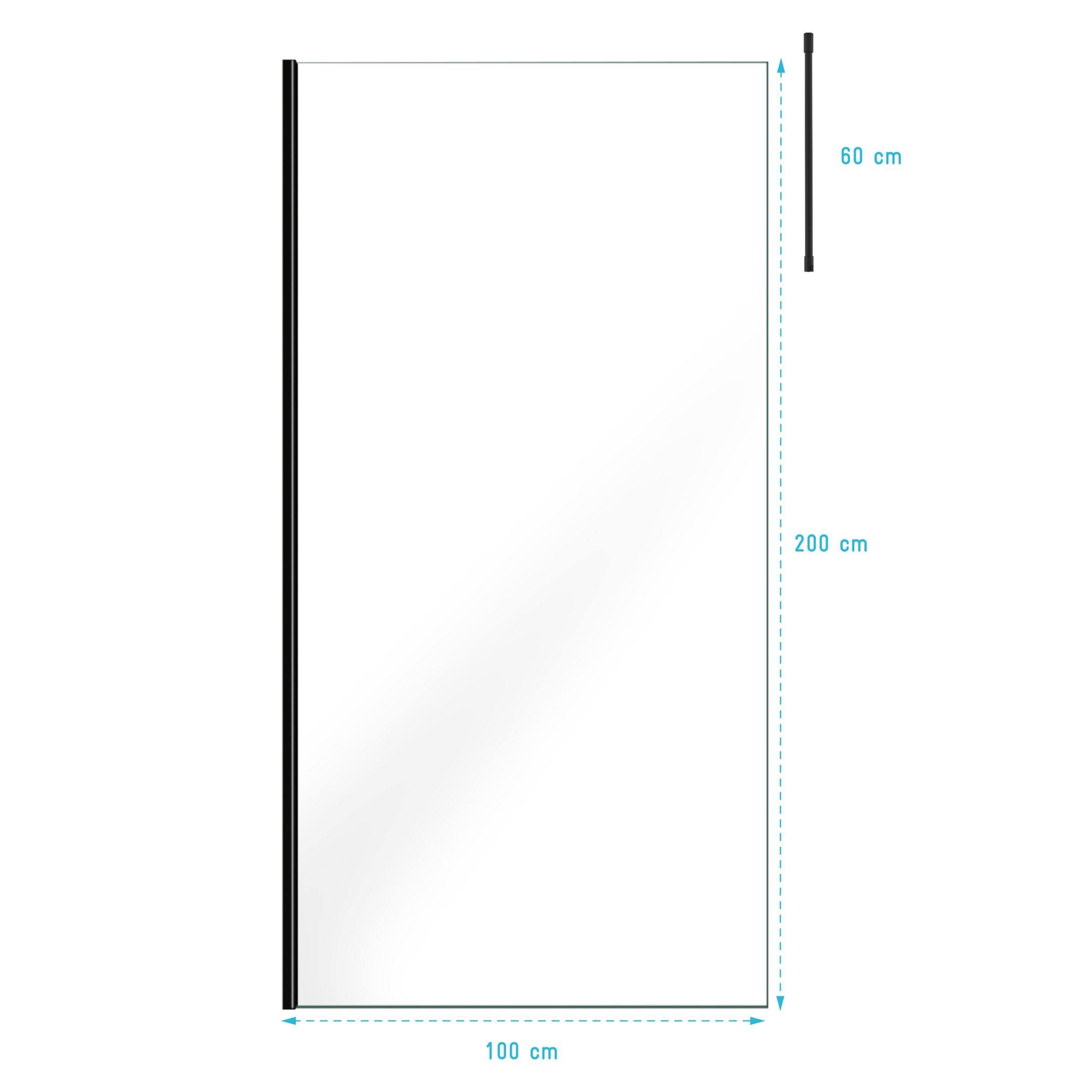 Paroi de Douche 100x200cm Verre Transparent - Profilé + Barre Plafond Noire - FREEDOM 2 BLACK