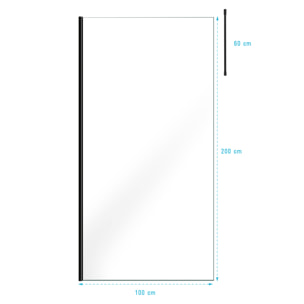 Paroi de Douche 100x200cm Verre Transparent - Profilé + Barre Plafond Noire - FREEDOM 2 BLACK
