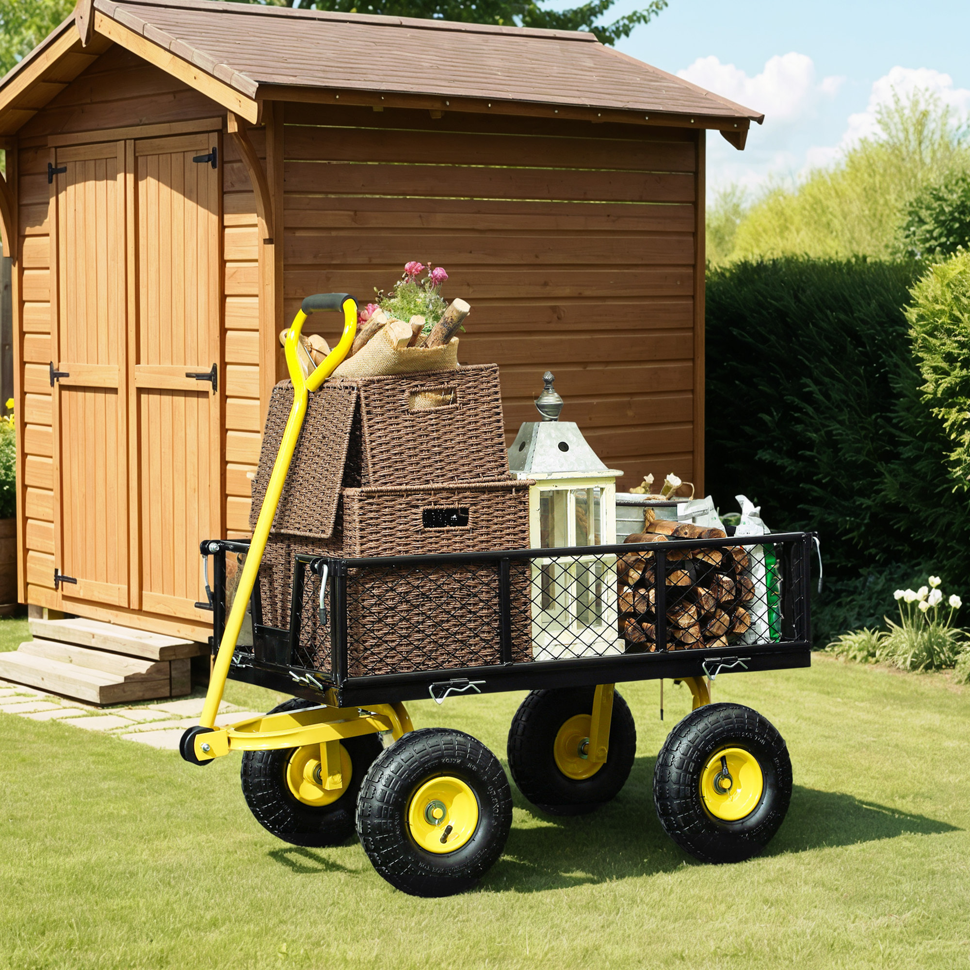 Carro de Jardín Basculante Carga 200 kg Carro para Playa con Paneles Laterales Desmontables Mango Giratorio de 180° y 4 Ruedas Neumáticas Grandes de Goma Negro y Amarillo