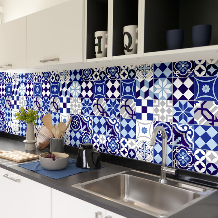 Stickers muraux - Sticker Mural Carrelage adhésif Cuisine Salle de Bain - 60 STICKERS CARRELAGES AZULEJOS FLAVINIA
