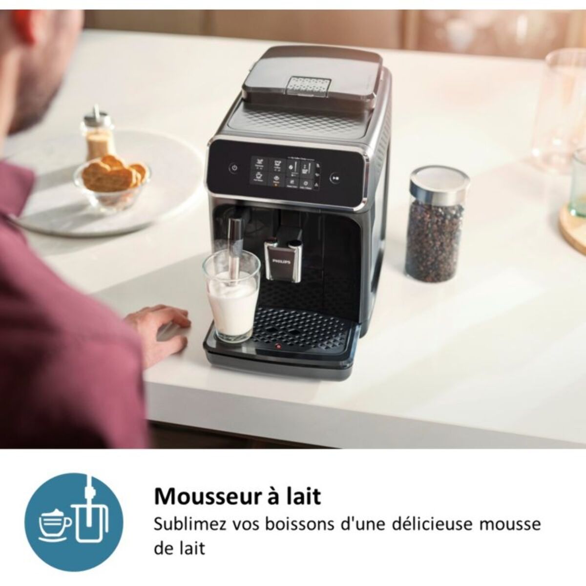 Expresso Broyeur PHILIPS EP1220/00 cafetière à grain série 1200, mousseur à lait, 2 boissons, Noir Mat