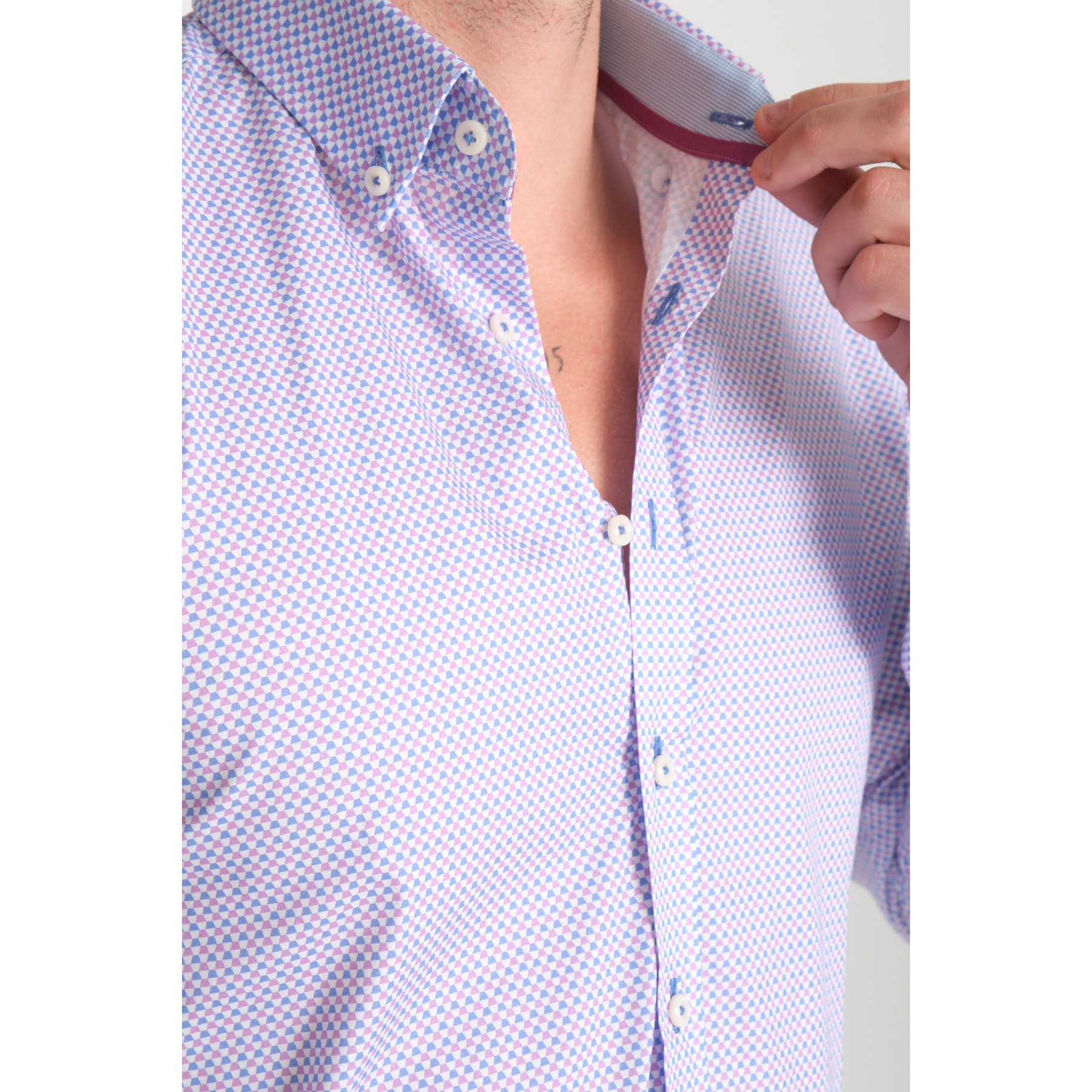 camicia uomo 1 bottone button down slim Popeline Stretch Stampato Light Blue Viola Ciclamino