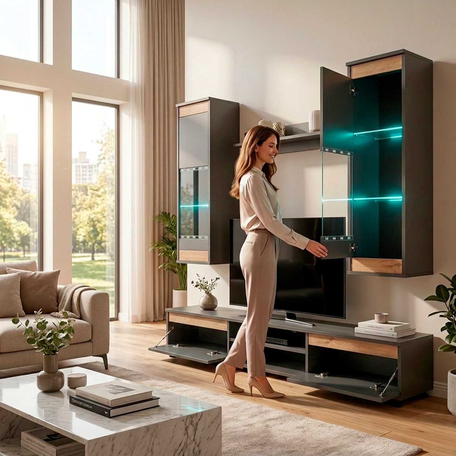 Parete Attrezzata Soggiorno Mobile Tv Vetrine Led Mensola Moderno Living Arredo Contenitore Vani Giorno Resistente 175x 150x 37 Cm Antracite E Rovere
