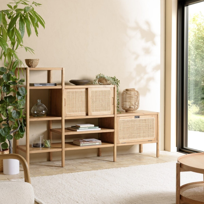 AMY - Bibliothèque en escalier en bois de mindi et rotin naturel AMY