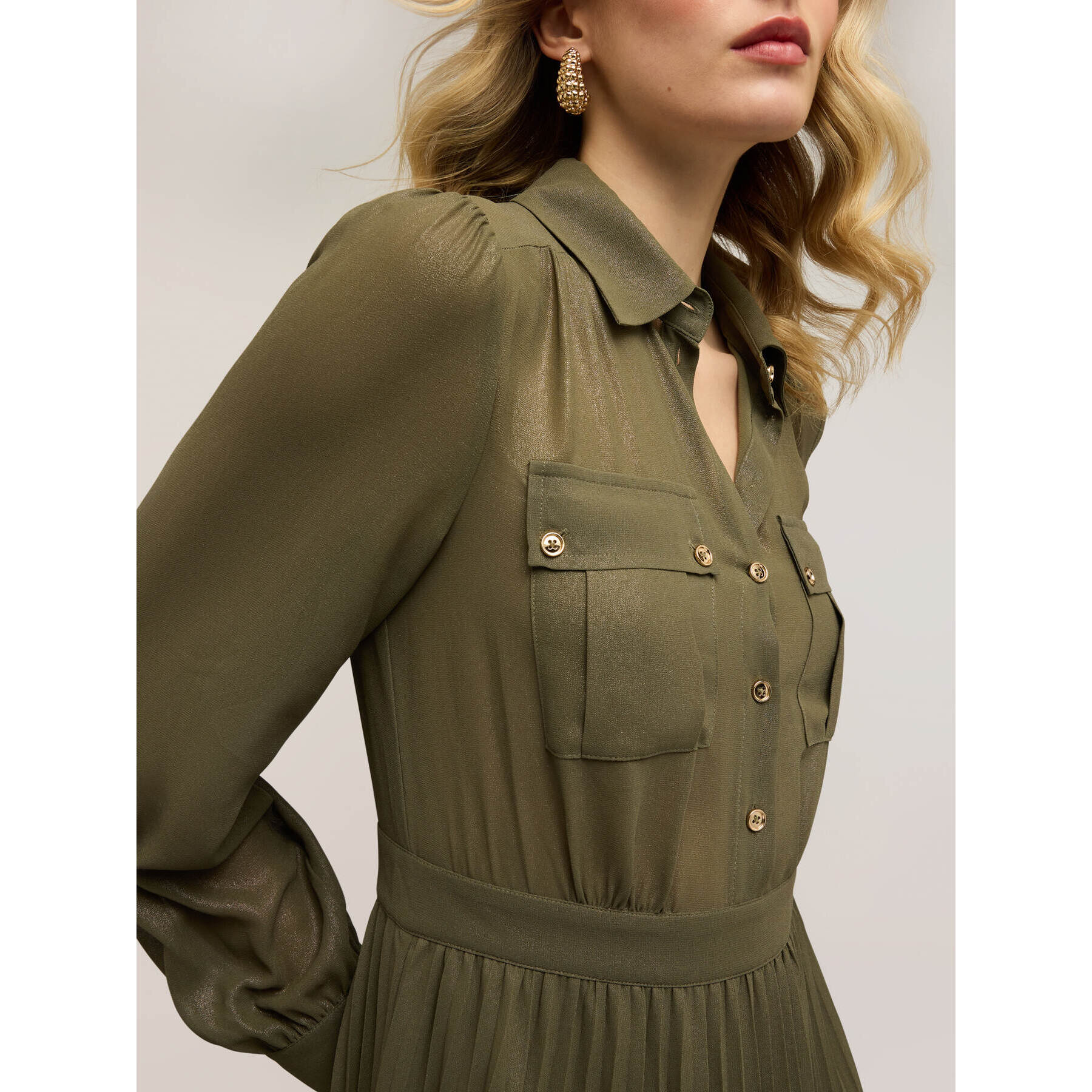 Motivi - Vestito chemisier in georgette plissé - Verde militare