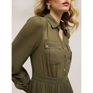 Motivi - Vestito chemisier in georgette plissé - Verde militare