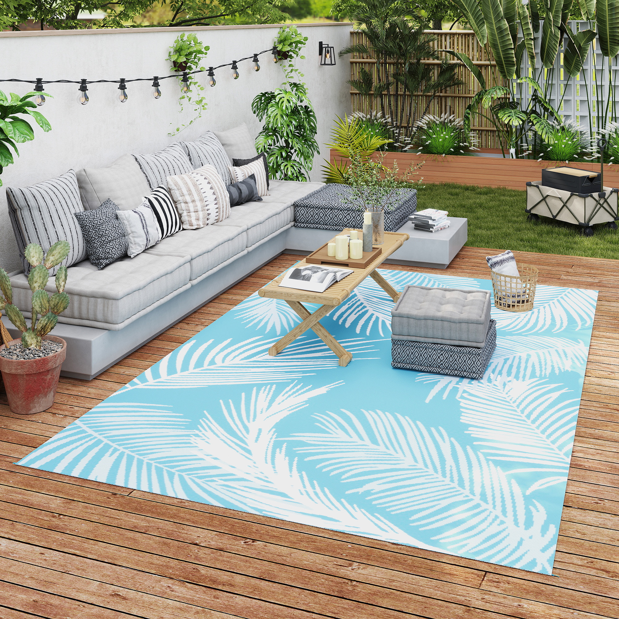 Tapis d'extérieur réversible 274x182 cm motif végétal bleu clair blanc