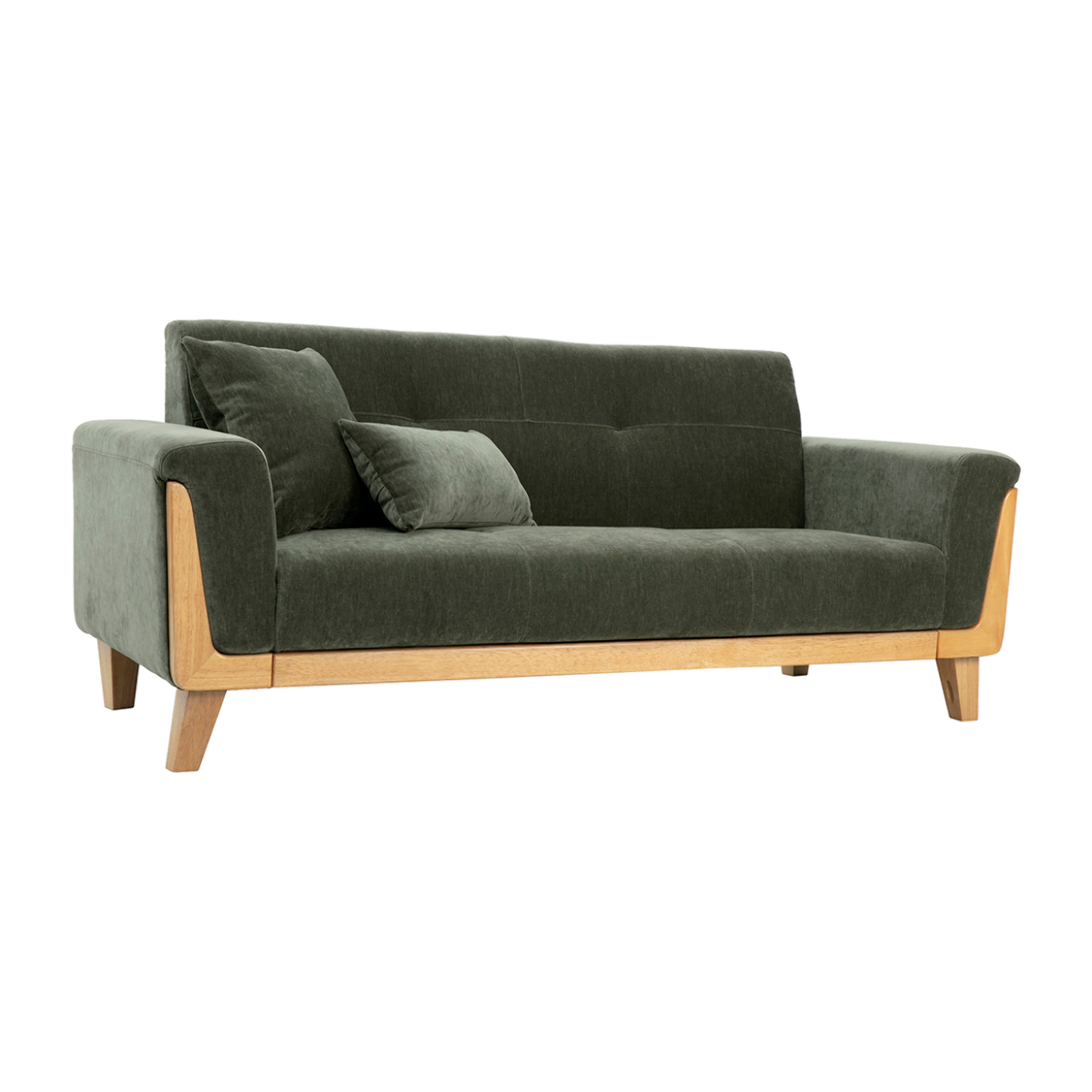 Canapé scandinave 3 places en tissu effet velours vert kaki et bois clair FJORD