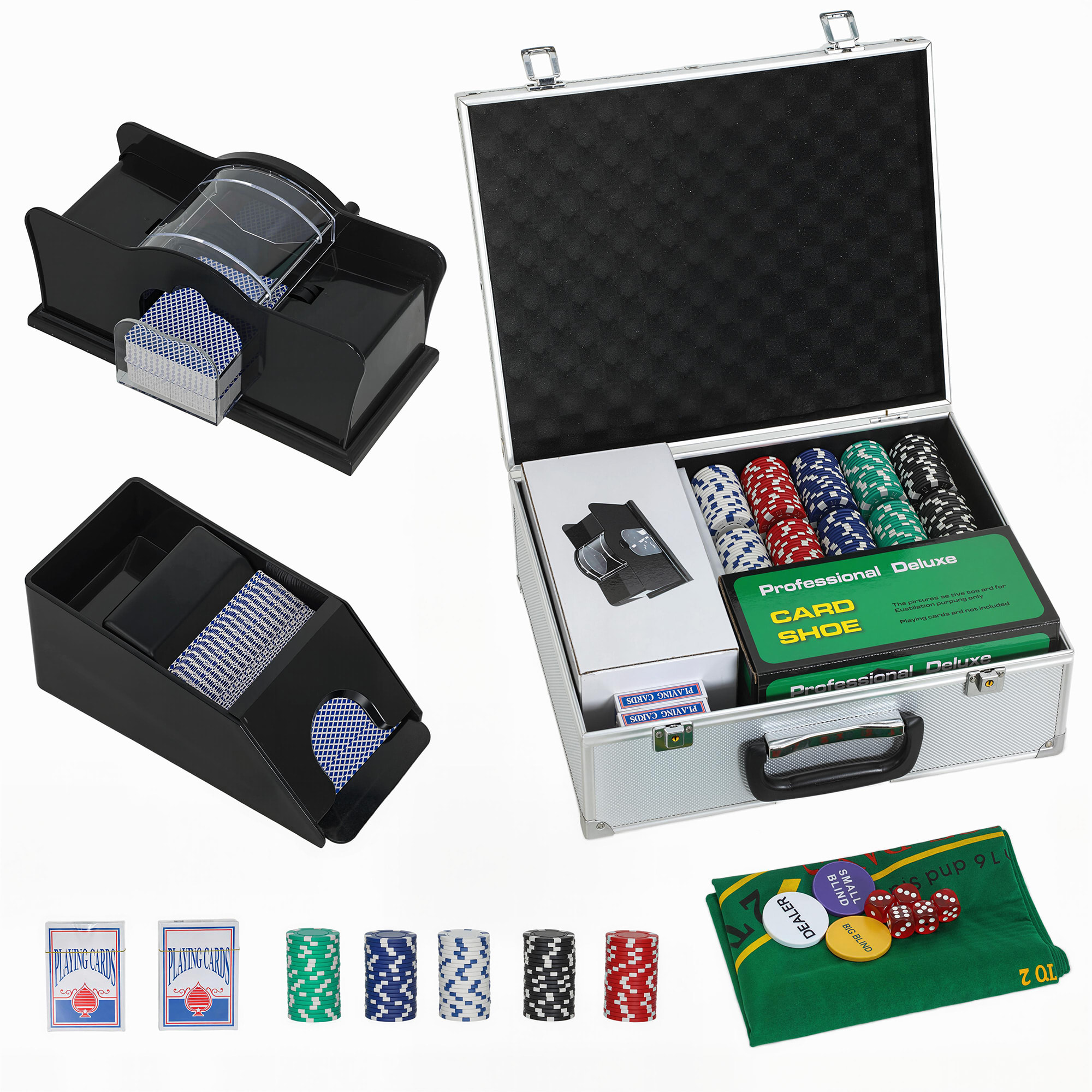 Mallette pro de poker 300 jetons 2 jeux cartes 5 dés 3 boutons sabot mélangeur tapis