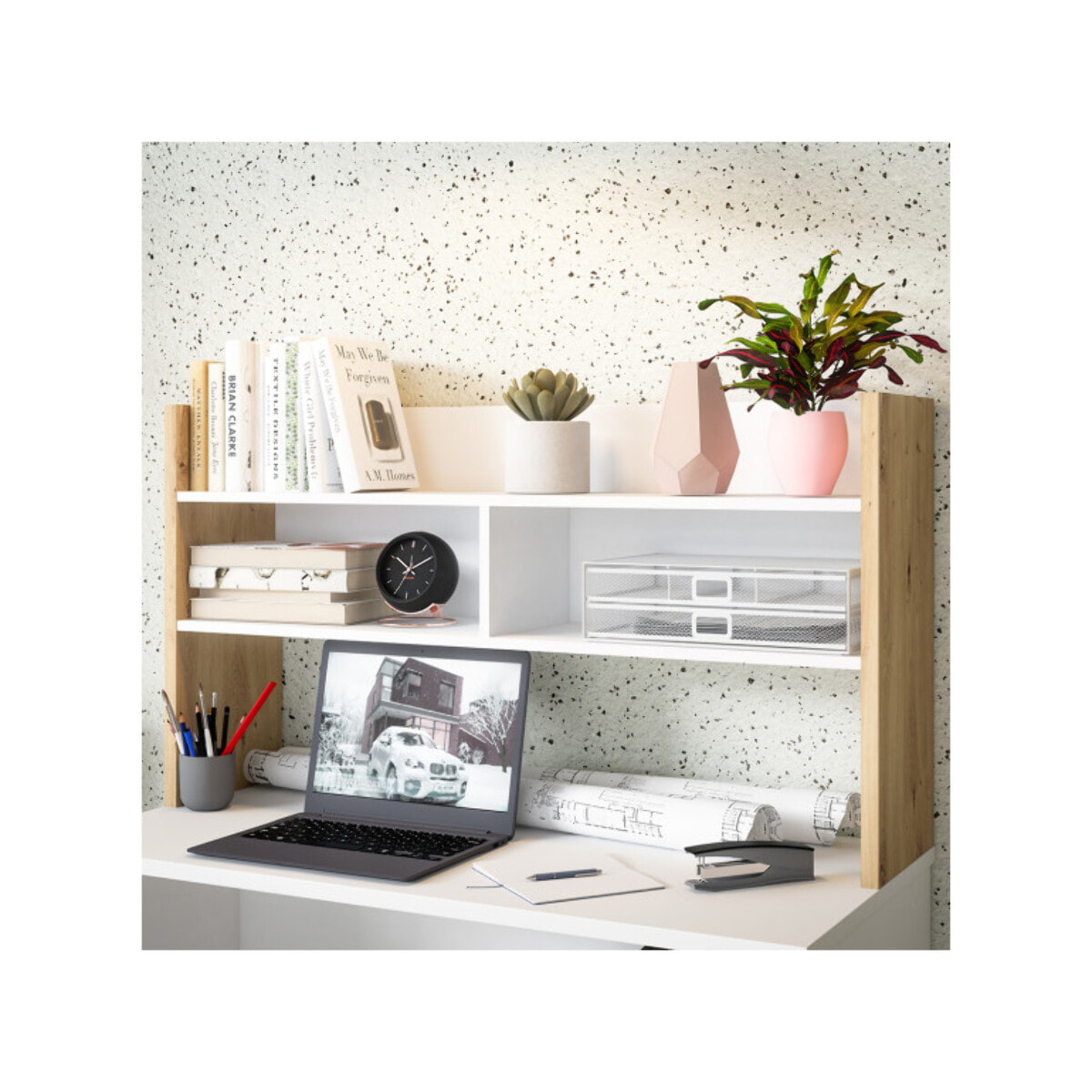 Sur-meuble de bureau avec rangements blanc, effet chêne - L 110 CM - KIARA