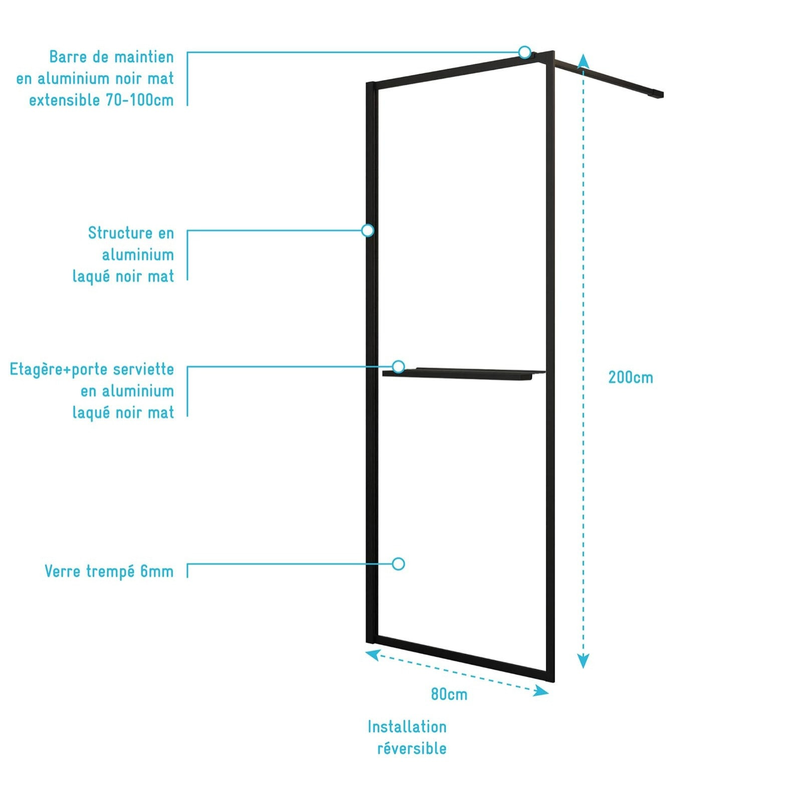 Paroi de Douche Noir Mat 80x200cm - Porte-serviette et étagère - DARK CONTOURING SHELF