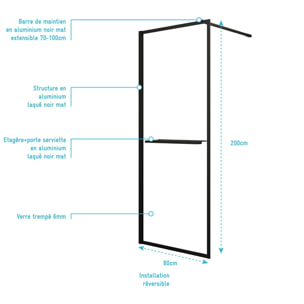 Paroi de Douche Noir Mat 80x200cm - Porte-serviette et étagère - DARK CONTOURING SHELF