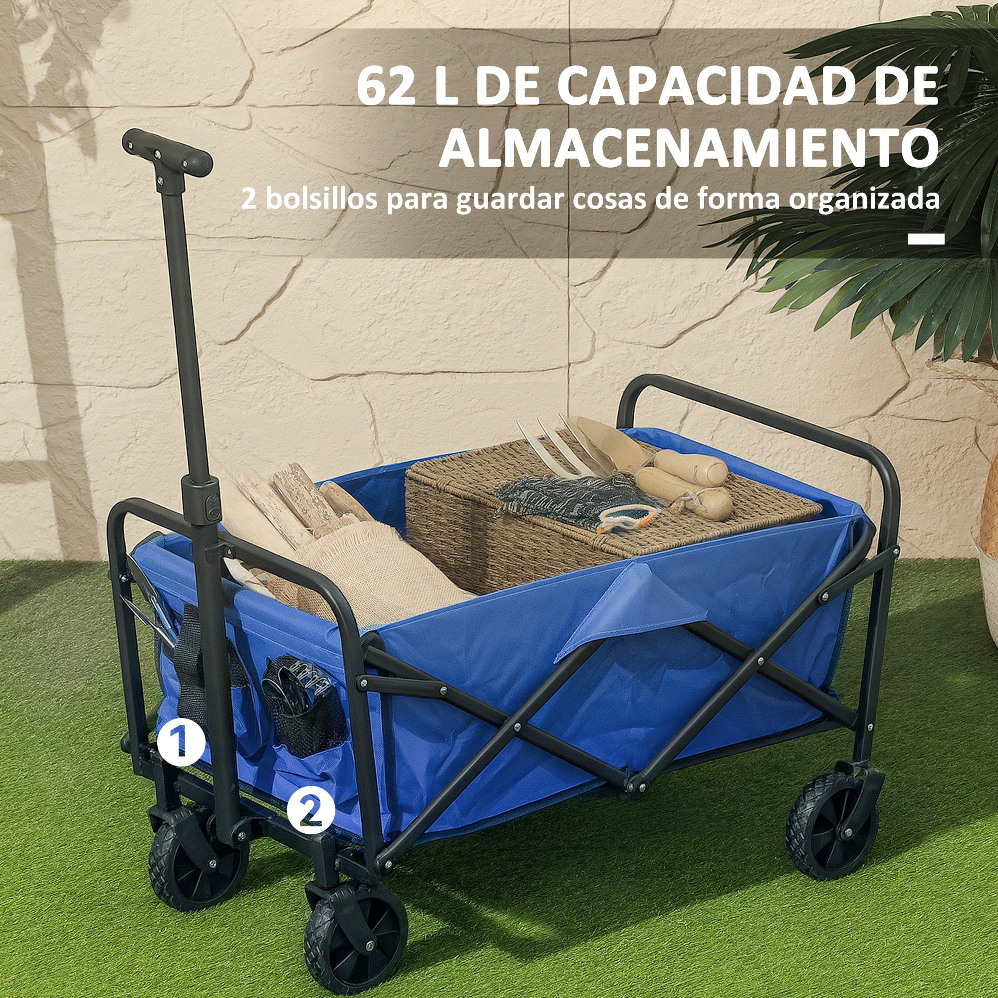 Carro Playa con Ruedas Carro de Jardín Plegable con Asa Telescópica Ajustable 2 Bolsas de Almacenaje Carga 120 kg Carrito Transporte para Todo Terreno Jardín Campaña Compra Azul