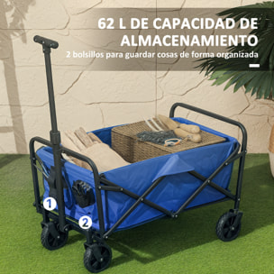Carro Playa con Ruedas Carro de Jardín Plegable con Asa Telescópica Ajustable 2 Bolsas de Almacenaje Carga 120 kg Carrito Transporte para Todo Terreno Jardín Campaña Compra Azul
