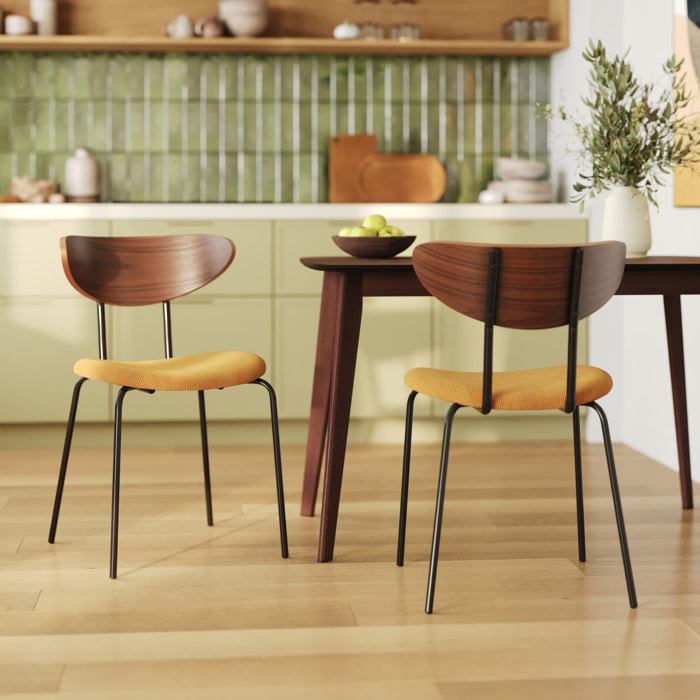 Lot de 2 chaises en velours côtelé jaune moutarde et bois de noyer - Jade