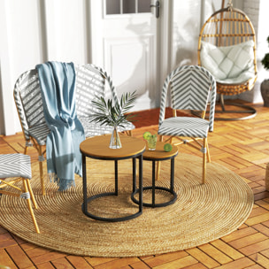 Juego de 2 Mesas de Jardín con Encimera de Madera de Acaica Diseño Listones Mesas Auxiliares de Jardín Nido con Marco de Acero y Pies Ajustables para Balcón Terraza Patio Teca y Negro