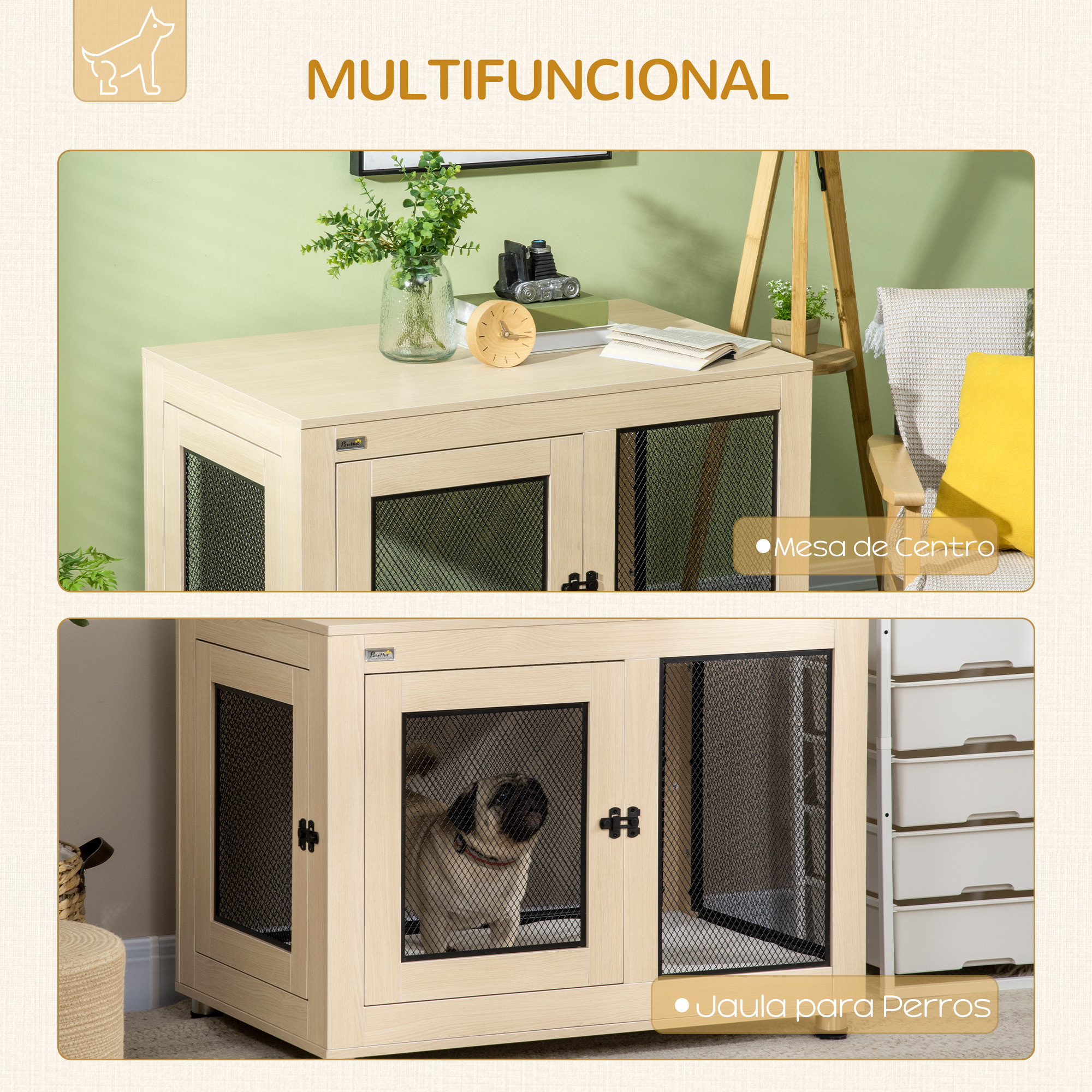 Jaula para Perros Grandes Estilo Mueble Casa para Perros 94x60x71,5 cm Mesa Auxiliar con 2 Puertas de Pestillo Cojín de Tela Oxford y Rejillas de Acero Roble