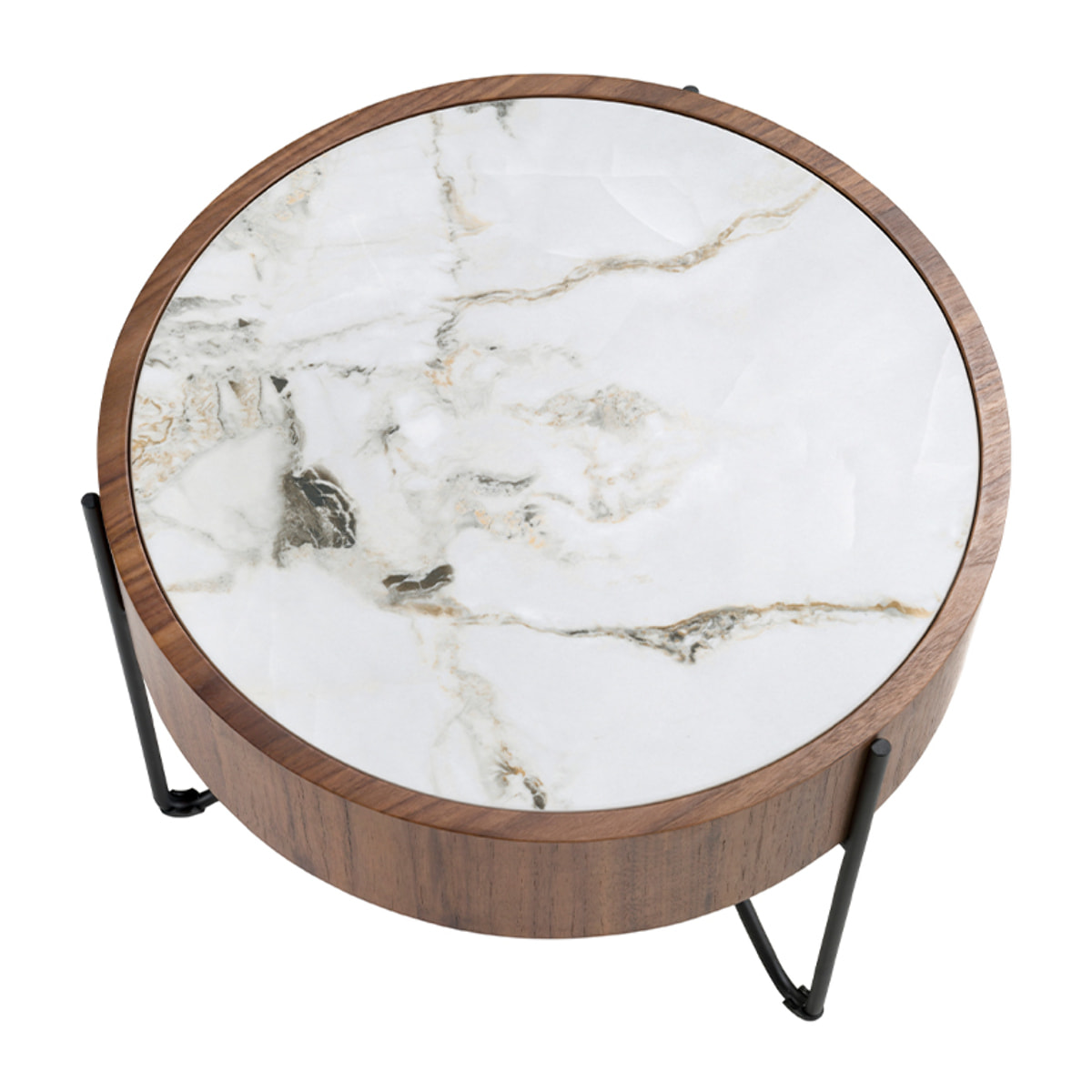 Mesa rincón Angel Cerdá redonda en madera chapada en nogal natural y una tapa de mármol porcelánico blanco con vetas en tonalidades grises y marrones en acabado brillo 50x50x38cm