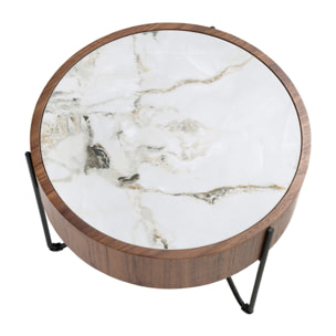 Mesa rincón Angel Cerdá redonda en madera chapada en nogal natural y una tapa de mármol porcelánico blanco con vetas en tonalidades grises y marrones en acabado brillo 50x50x38cm