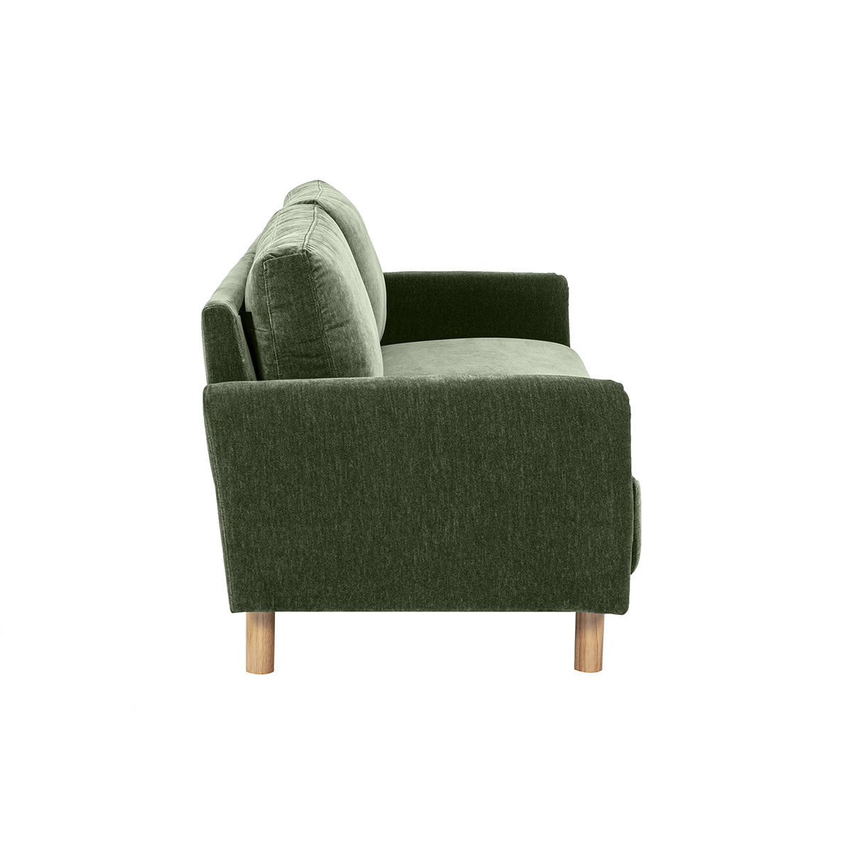 Canapé design 3 places en tissu effet velours vert kaki et bois clair BONO