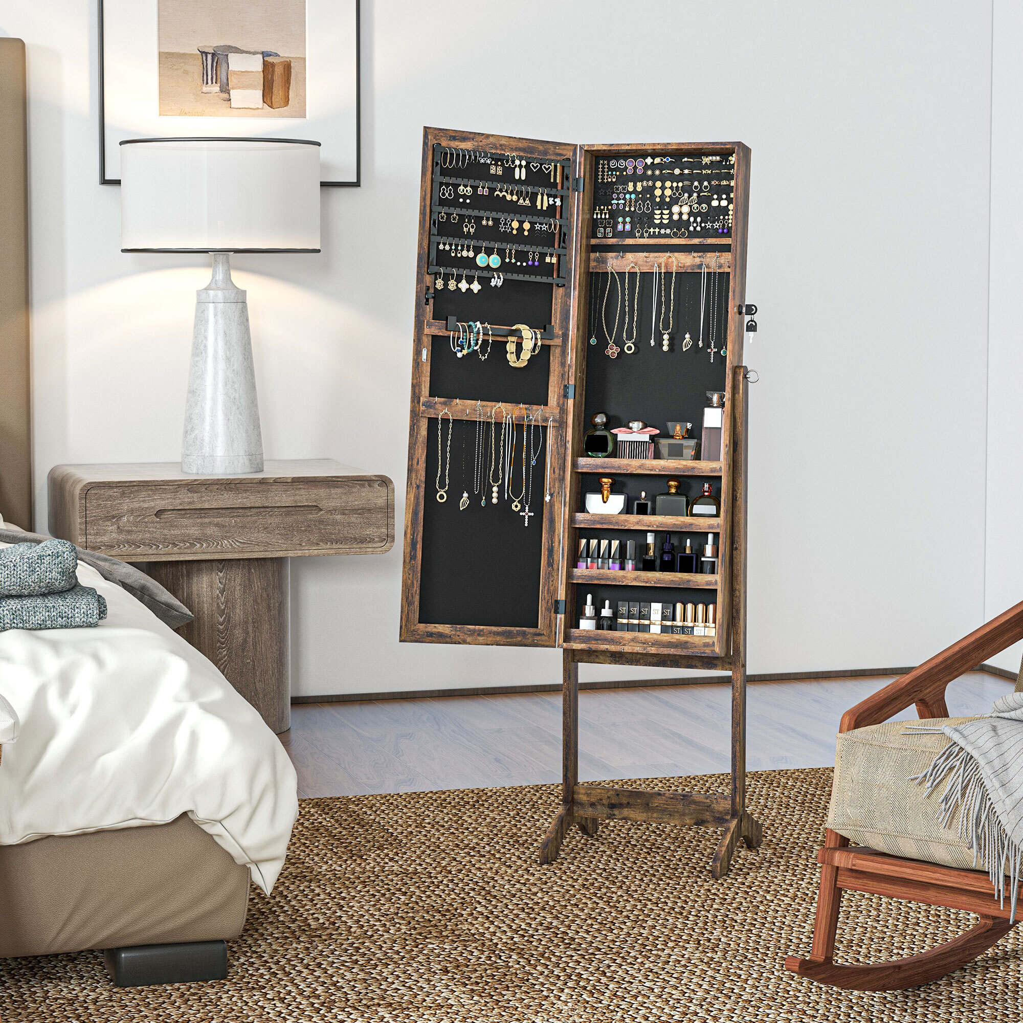 Espejo Joyero de Pie Armario de Joyería con 3 Ángulos Ajustables Cerradura Magnética Organizador de Joyas con Estantes Ranuras para Pendientes Anillos Collares 46x36,5x151,5 cm Marrón Rústico