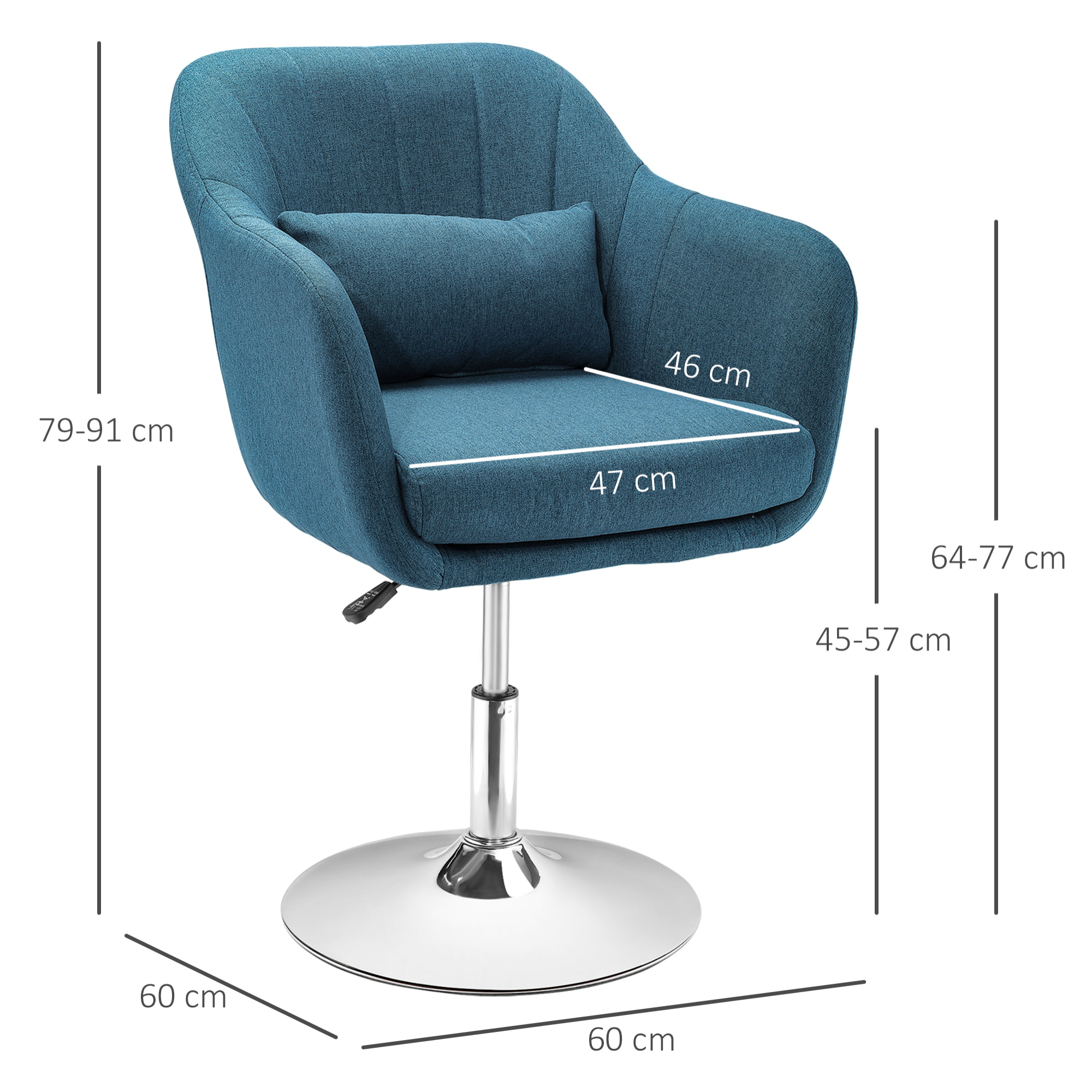 Fauteuil lounge design grand confort coussins lombaires hauteur réglable pivotant 360° piètement métal chromé lin bleu canard