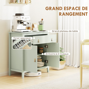 Buffet 2 portes étagère tiroir poignées lanières aspect cuir dim. 80 x 40 x 90 cm vert d'eau