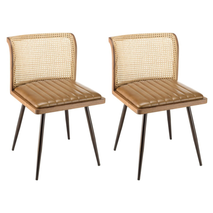 MARCEL - Lot de 2 chaises manguier assise matelassée cuir dossier rotin