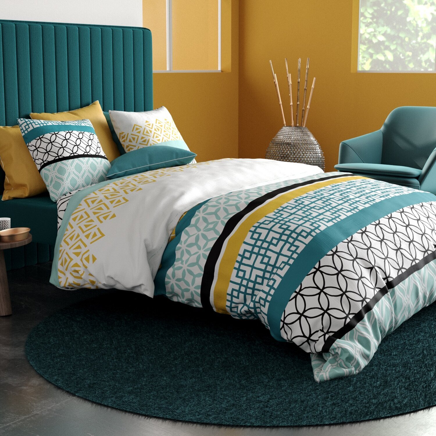 Parure housse de couette imprimé 100% coton - citedor - bleu