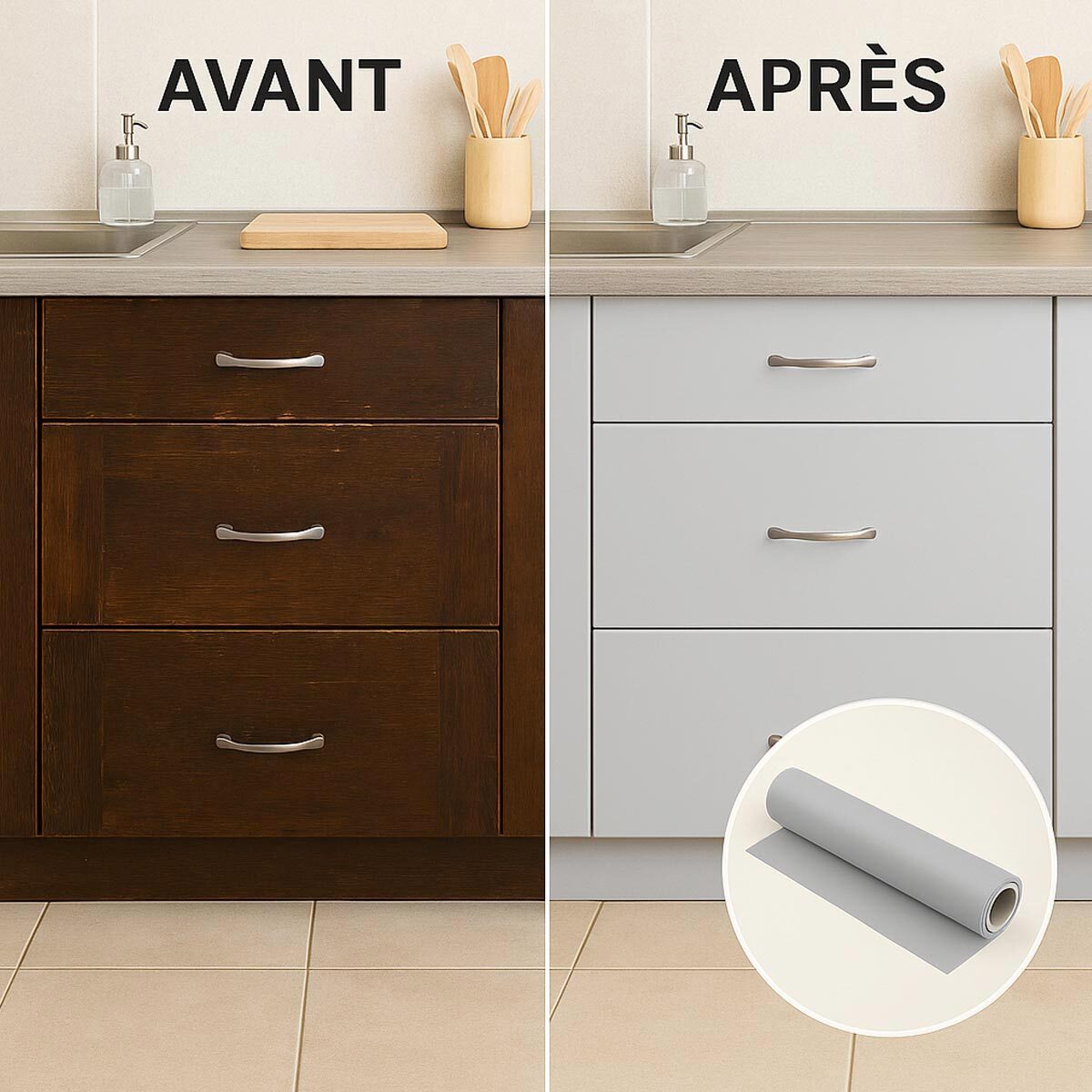 Rouleau adhésif décoratif Vinyle au Mètre - Gris clair - Sticker Lavable Imperméable Mur Cuisine Meubles