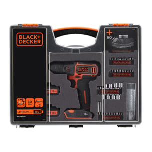 Perceuse-Visseuse sans fil 18V - 2 batteries 1,5 Ah - 20 250 cps/min - 2 vitesses - 80 accessoires - Livrée en organisateur